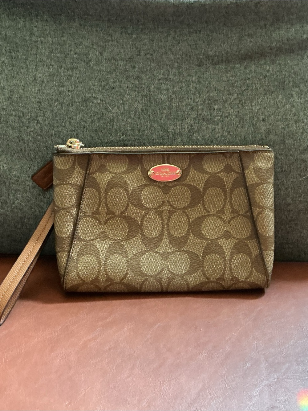 Coach Signature PVC Wristlet Khaki Brown Canvas Tan Leather EUC